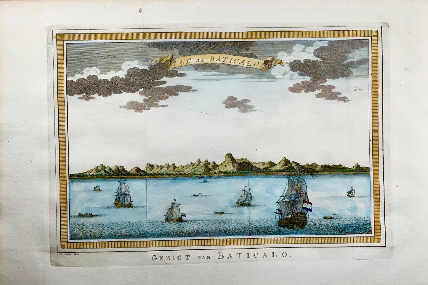 1770 J.V. Schley, Batticaloa, Ceylon, panoramic view hand colour view, map