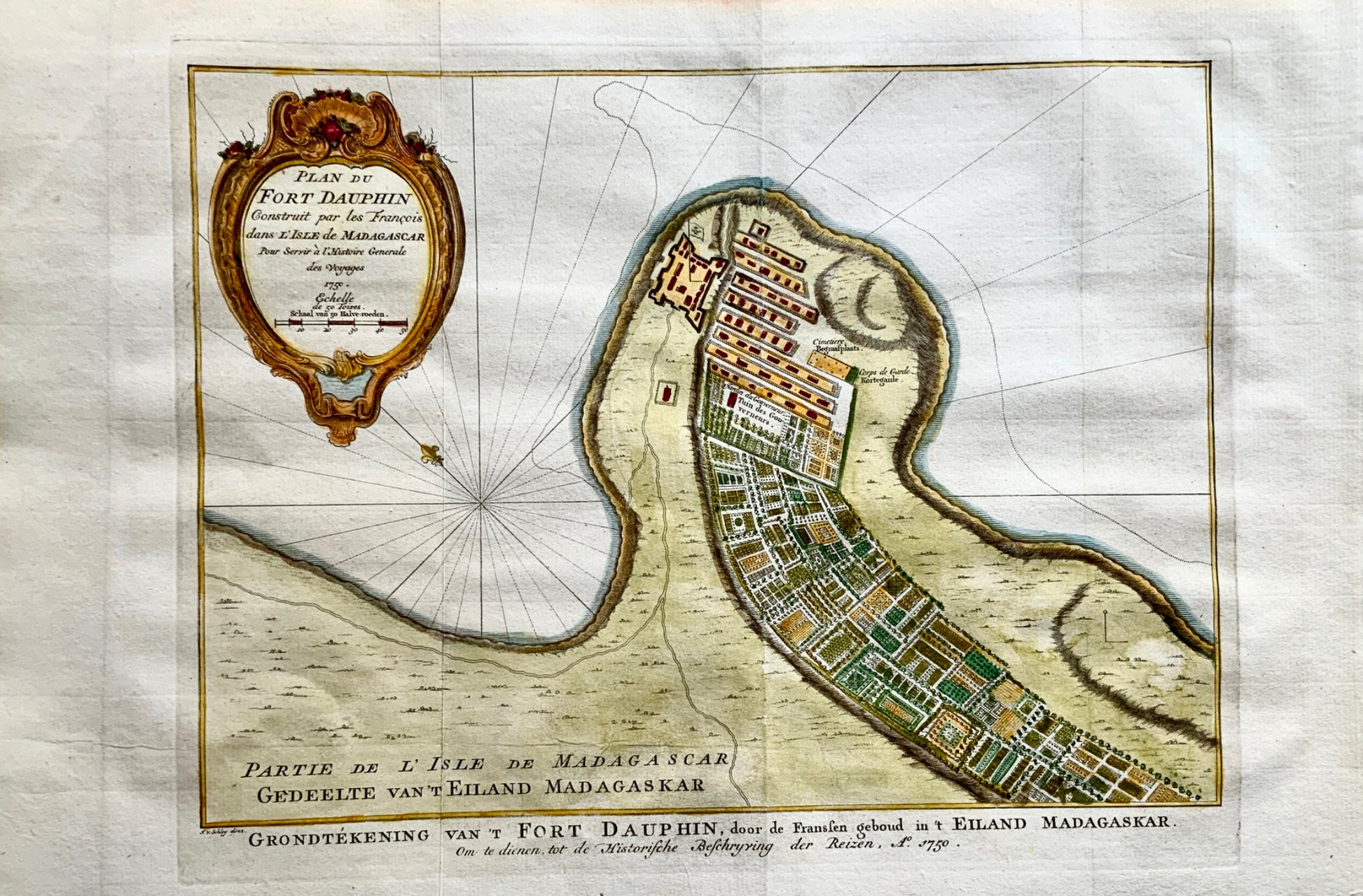 1756 J.N. Bellin; Schley MADAGASCAR Tolanaro City Plan - hand coloured map