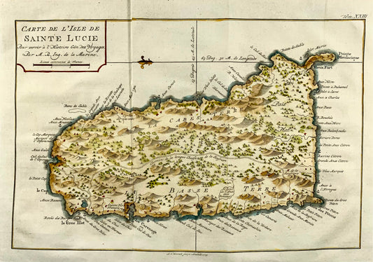 1775, Jacques Nicolas Bellin, Sainte-Lucie, Antilles, carte colorée à la main, topographie étrangère