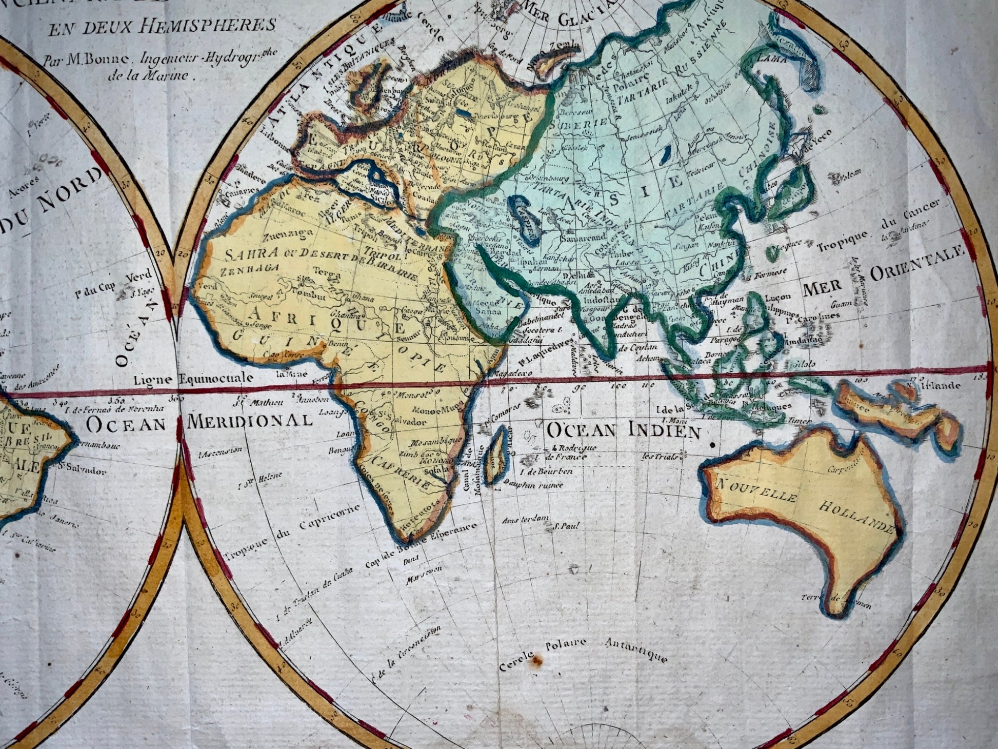 1780 Bonne - DOUBLE HEMISPHERE WORLD MAP - hand coloured engraved map