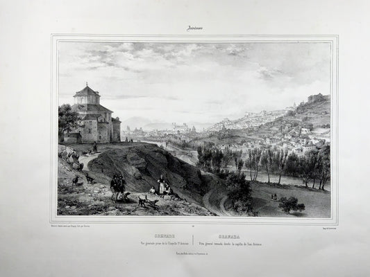 1844 Granada, Vista generale, Nicolas Chapuy, litografia su pietra 38,6 x 49,3 cm