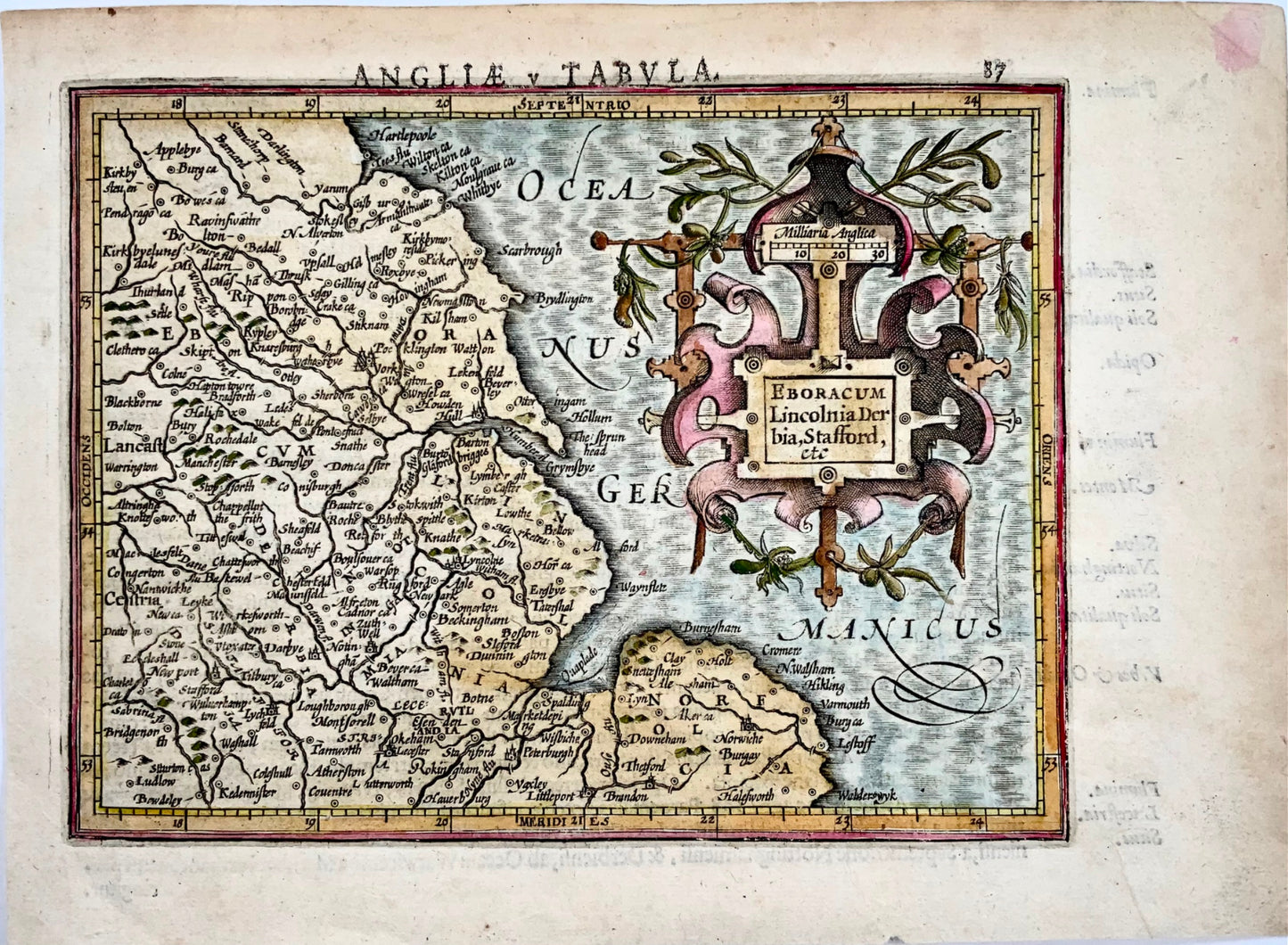 1610 Norfolk, Lincolnshire, Cambridgeshire. Mappa colorata a mano di Hondius