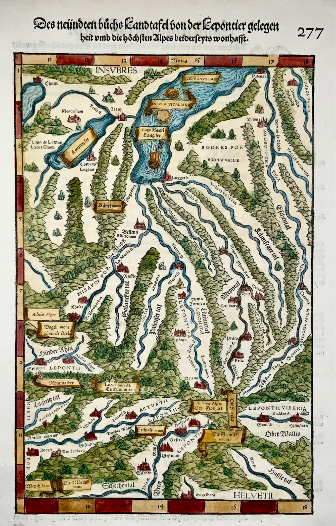 1548 Joh. Stumpf, Southern Switzerland, Tessin, Valais, folio woodcut map
