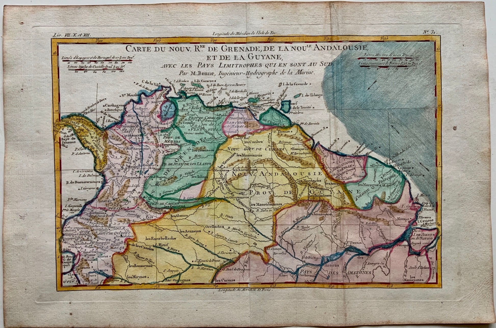 1780 Bonne - NORTHERN SOUTH AMERICA - hand coloured engraved map