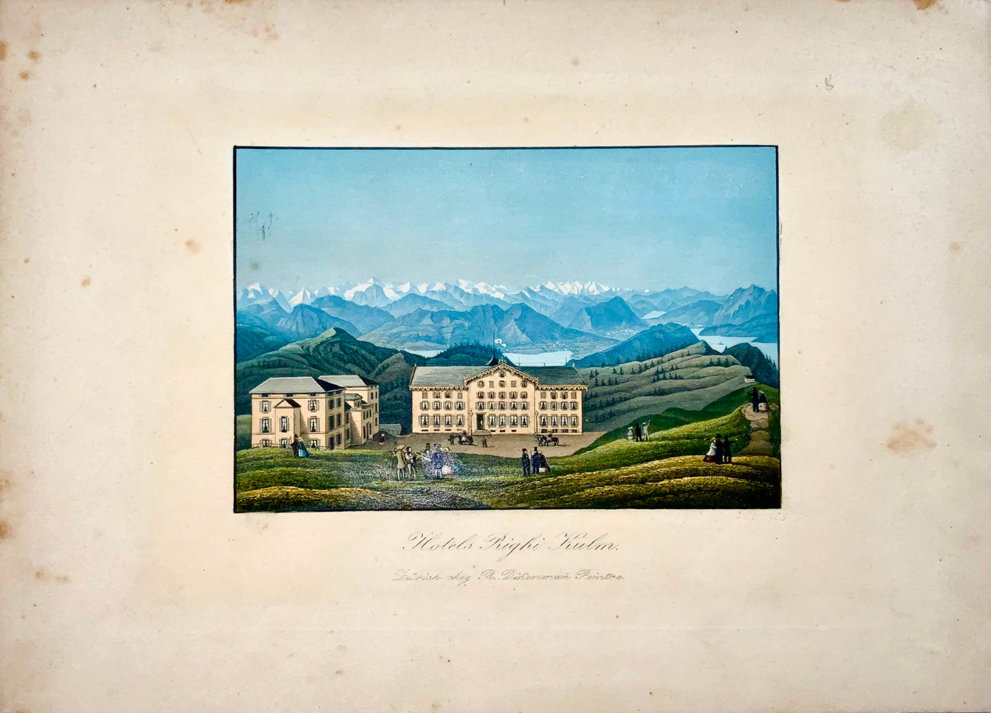 1850 Rigi Kulm, Dickenman, Svizzera, acquatinta colorata