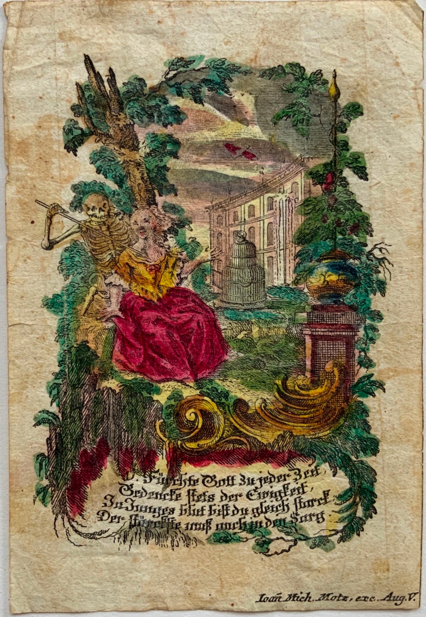 1730 MEMENTO MORI rare devotional card by Johann Michael Motz, hand coloured