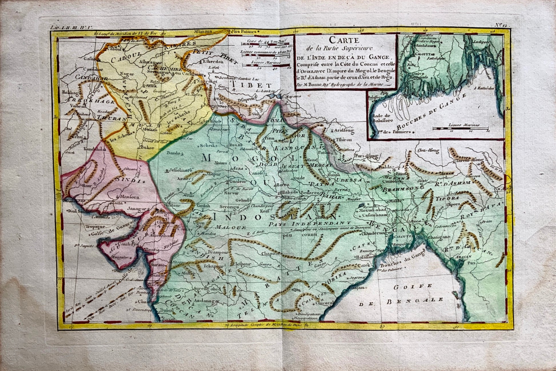 1780 Bonne - Antique Map - NORTH INDIA - Hand coloured