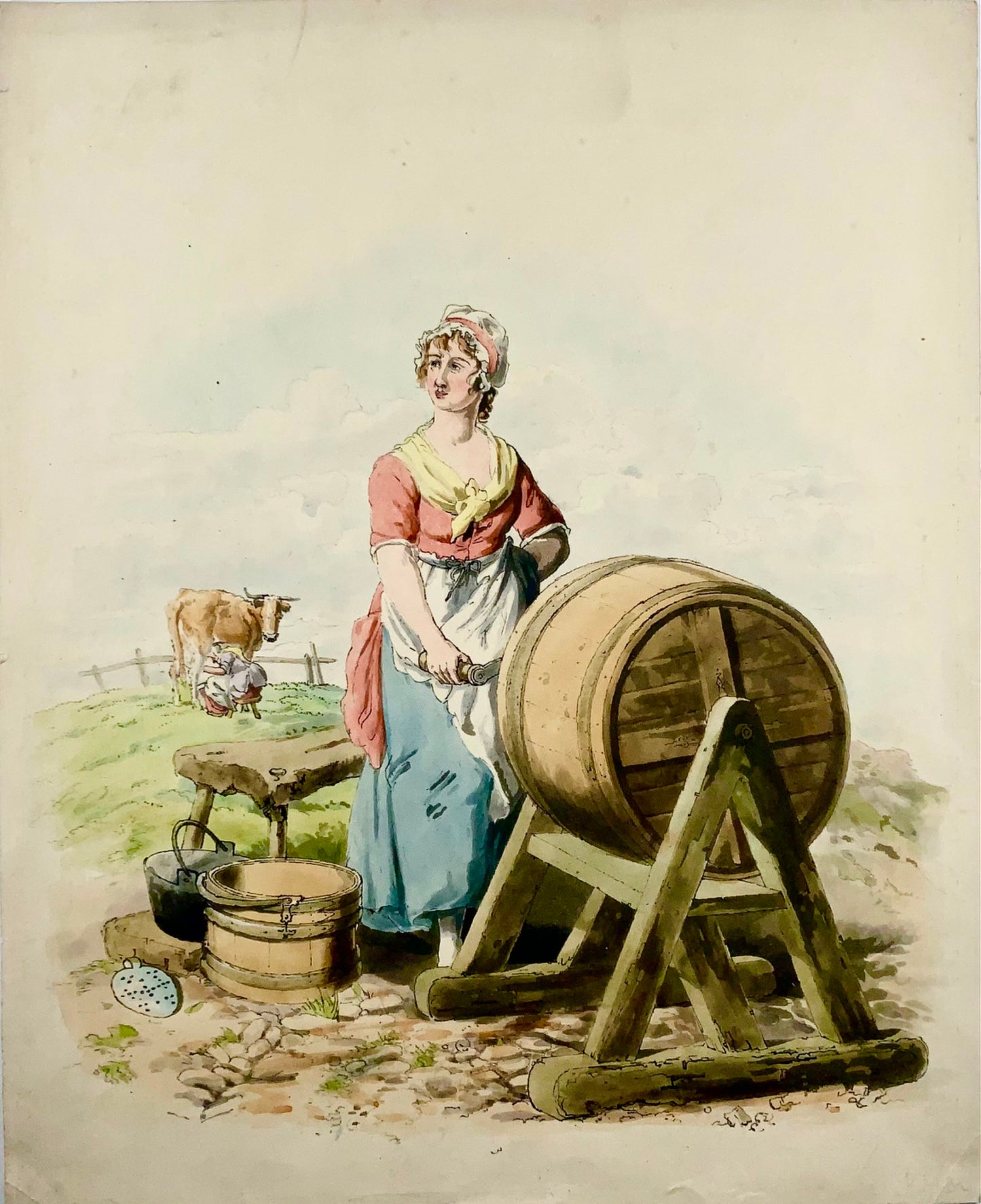 1805 Milk Maid, burro, mungitura, Wm Miller, acquatinta in folio con colori a mano, agricoltura, mestieri