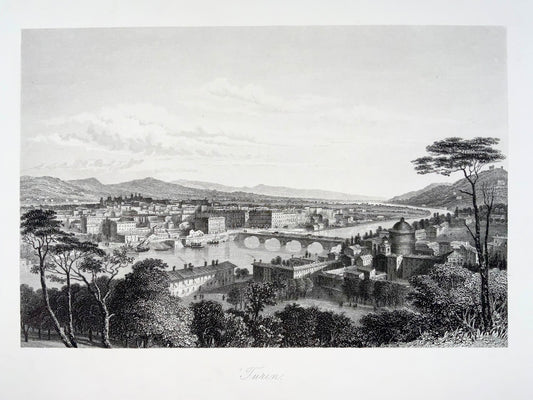 1860 TURIN Torino Italy - fine and rare steel engraving of the city - Travel