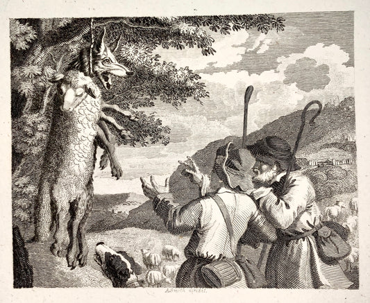 1780 ca. A. Smith, scultura. - Un lupo travestito da pecora - incisione su rame - Favola