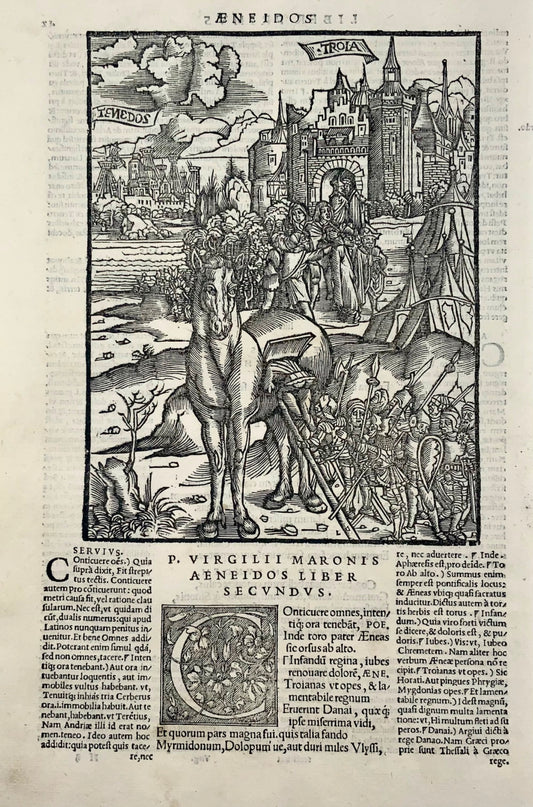1517 Folio Gruninger feuille gravée sur bois de l'Énéide de Virgile, Cheval de Troie, mythologie, gravure principale