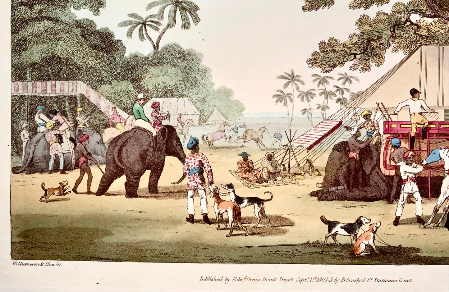 1807 gio. Williamson, Preparativi per una caccia, acquatinta colorata a mano, sport, India, topografia straniera