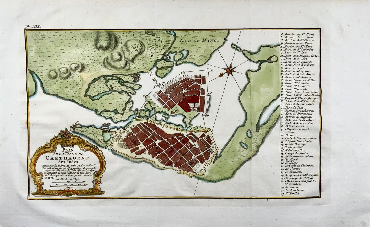 1754 Cartagena in Colombia, South America hand coloured map