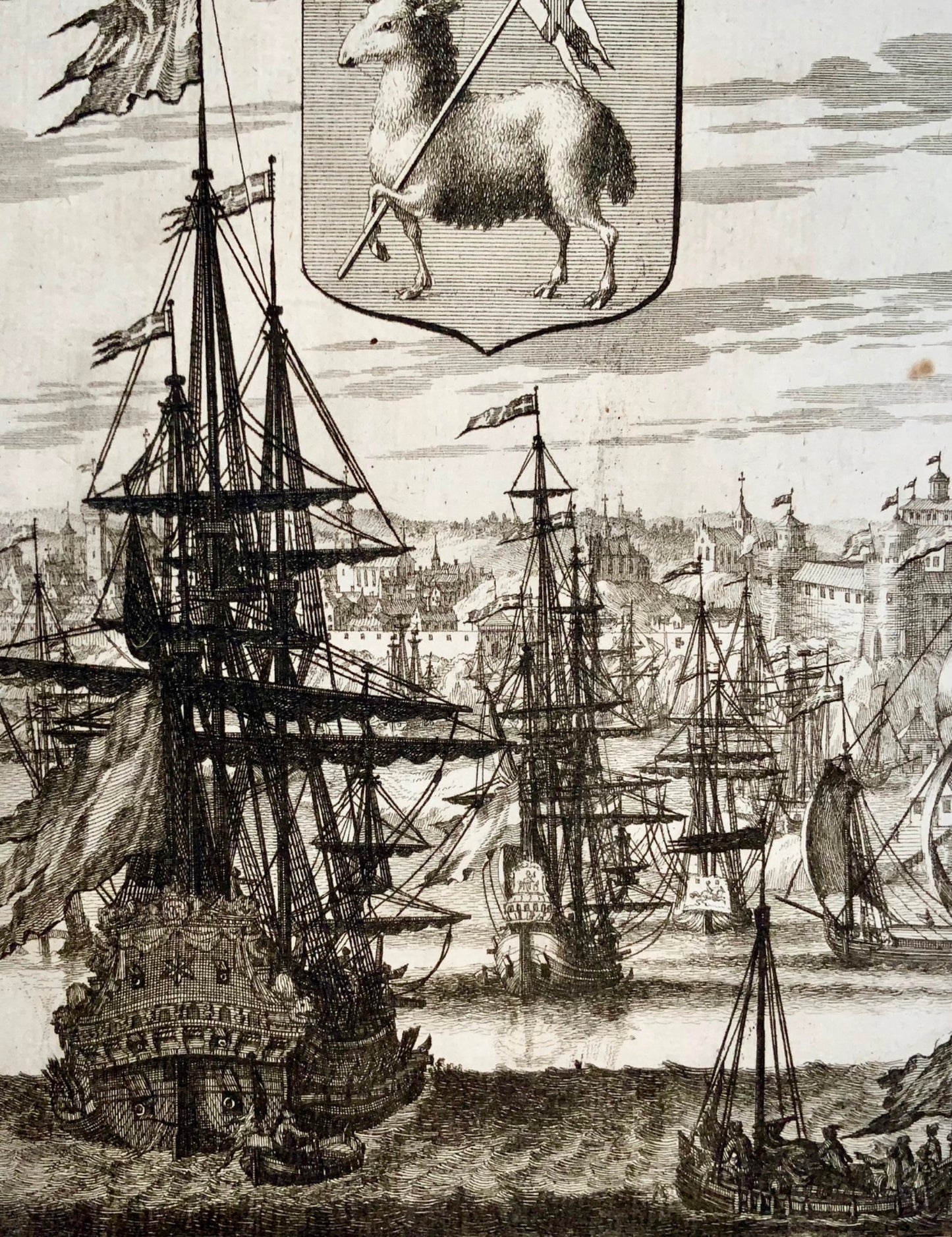 1712 Aveelen, navi nel vecchio porto di Visby, stemma di Gotland, marittimo