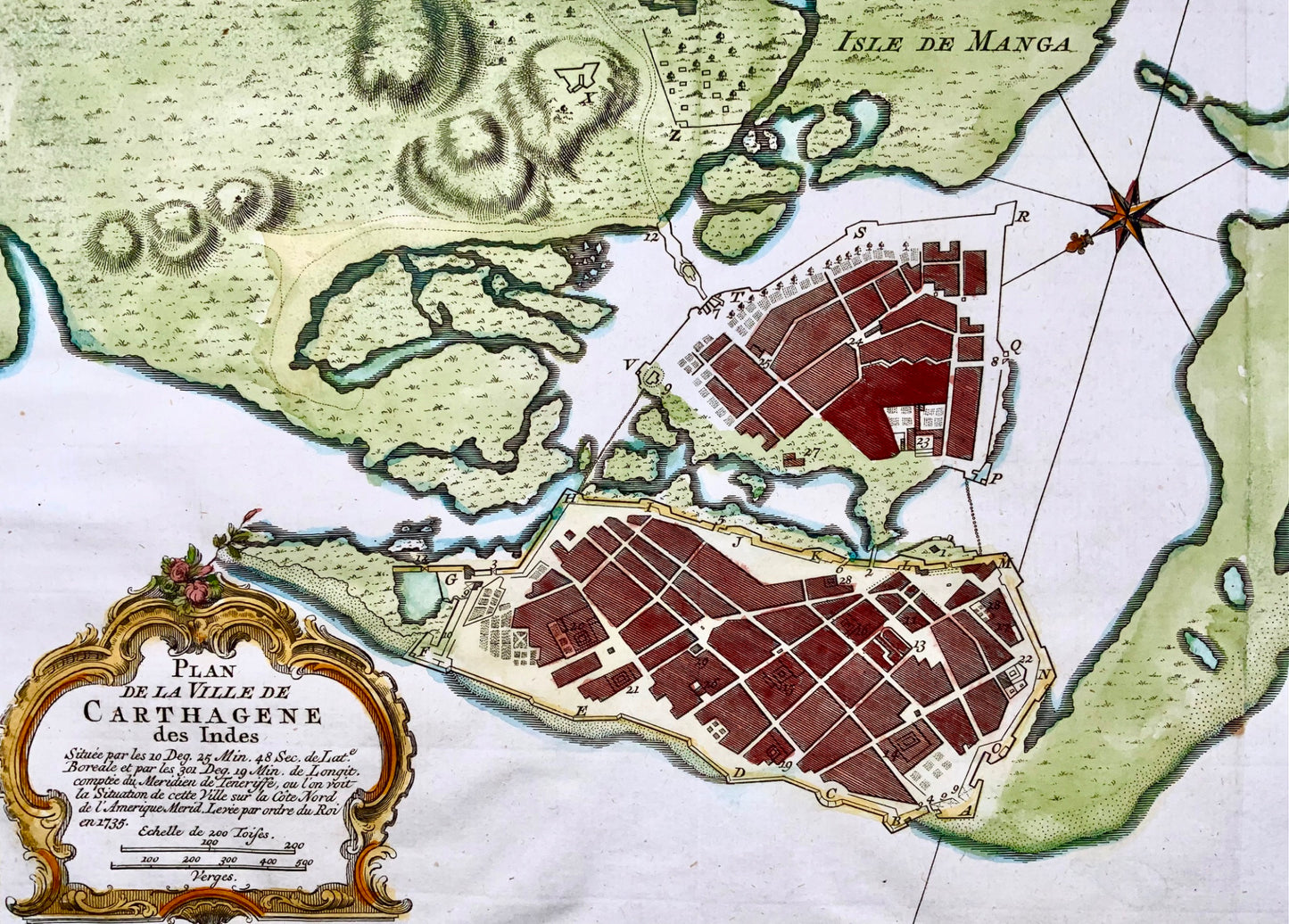 1754 Cartagena in Colombia, mappa colorata a mano del Sud America