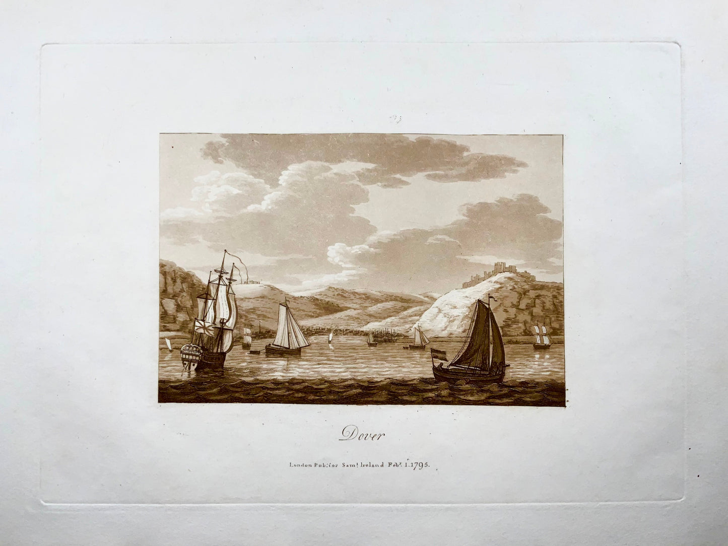 1795 Douvres depuis la mer, Angleterre, aquatinte sépia par Sam. Irlande, grand papier
