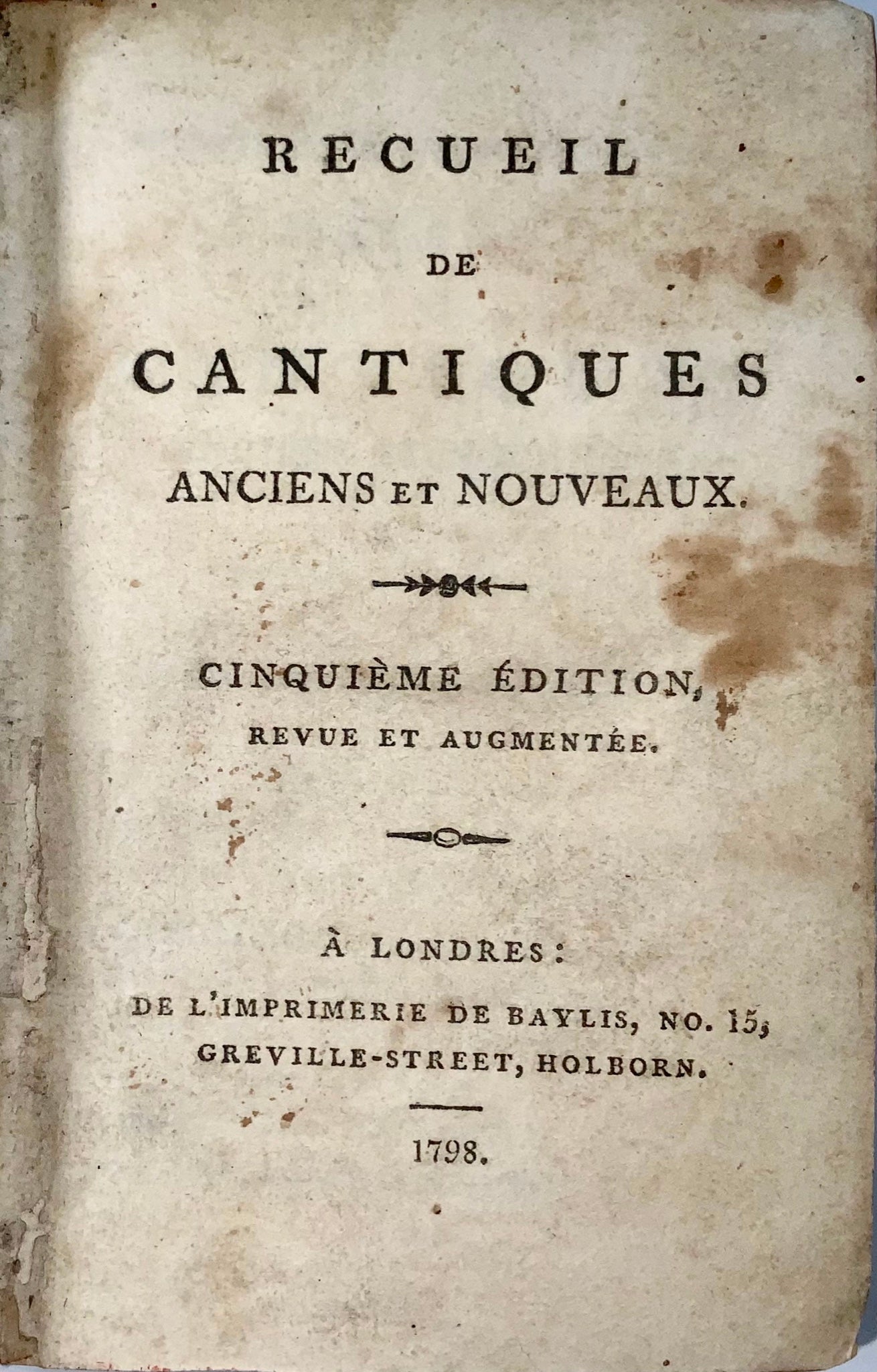 1798 Christian Harmony, Receuil de cantiques, London imprint, book