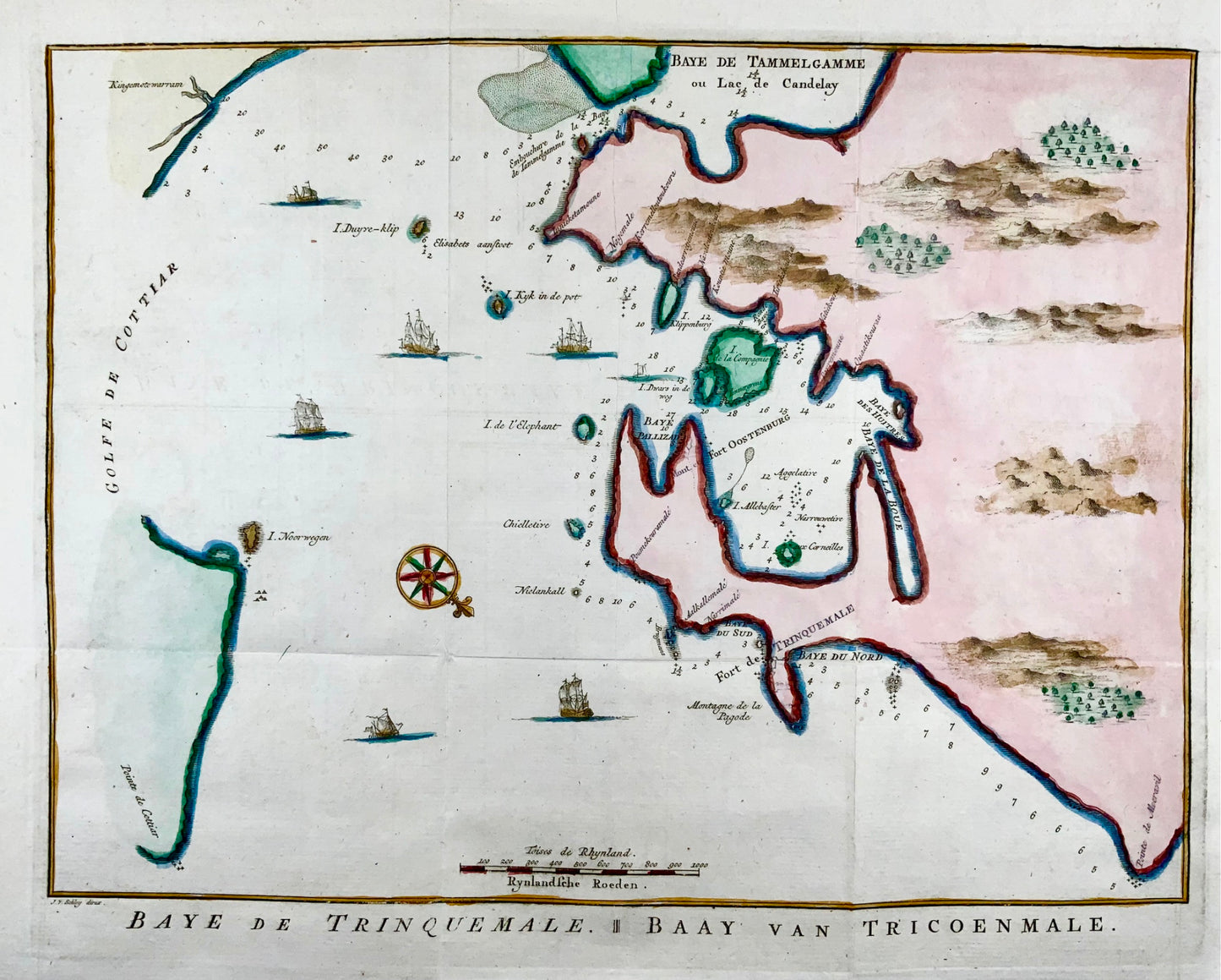 1770 J.V. Schley, Sri Lanka, Ceylon, Trincomalee, large copper engraving, map