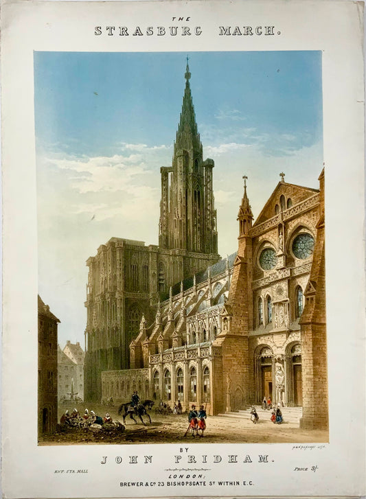 1872 Marcia di Strasburgo, Pridham, grande litografia a colori in folio, musica, topografia straniera