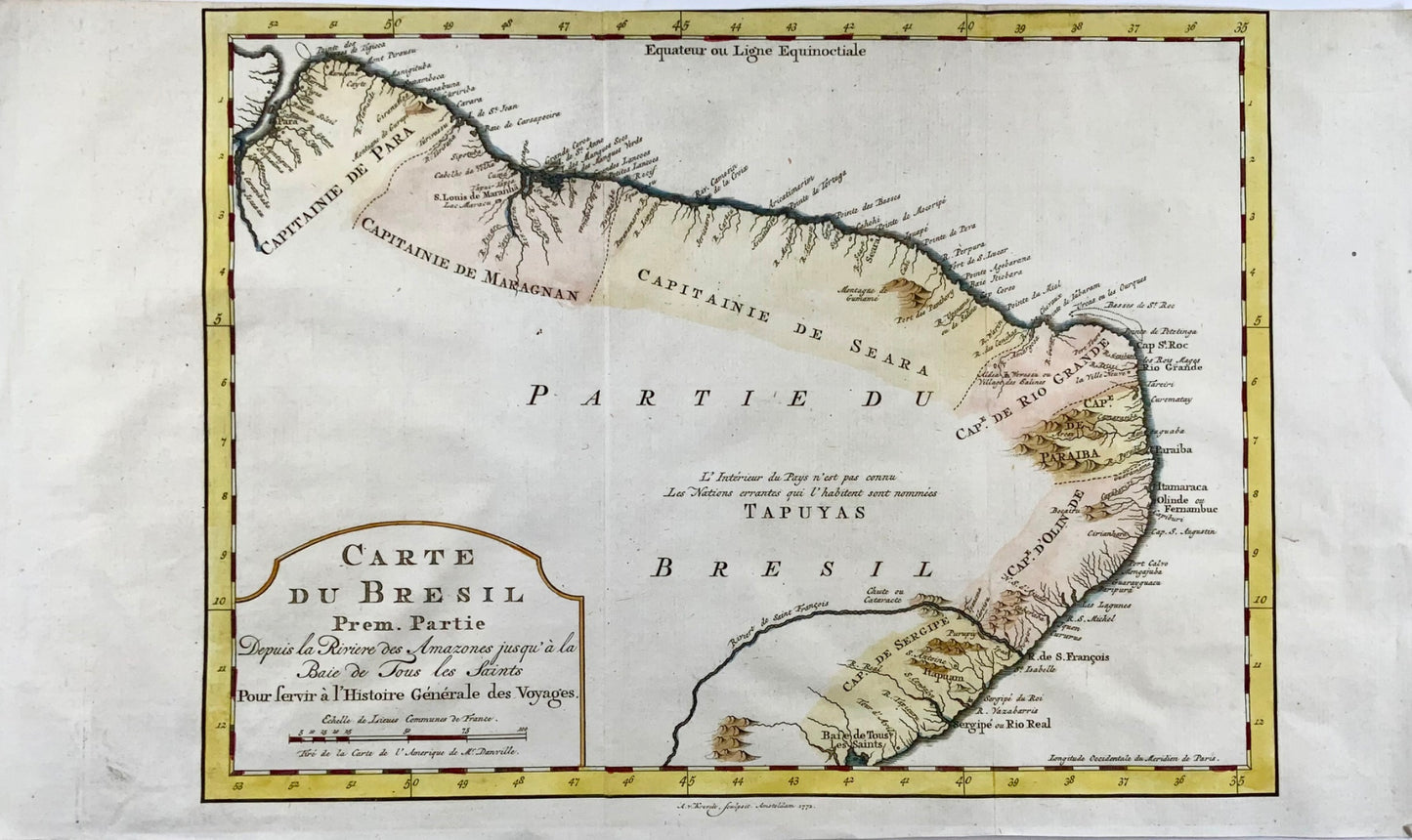 1772 Krevelt, map, coast of Brazil, South America, Amazon, hand coloured