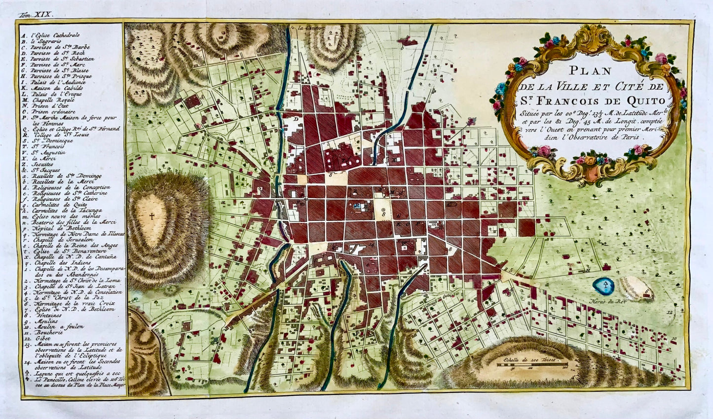 1753 Schley after Bellin, Ecuador, Quito, city plan, map, hand coloured