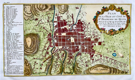 1753 Schley d'après Bellin, Équateur, Quito, plan de la ville, carte, coloriée à la main