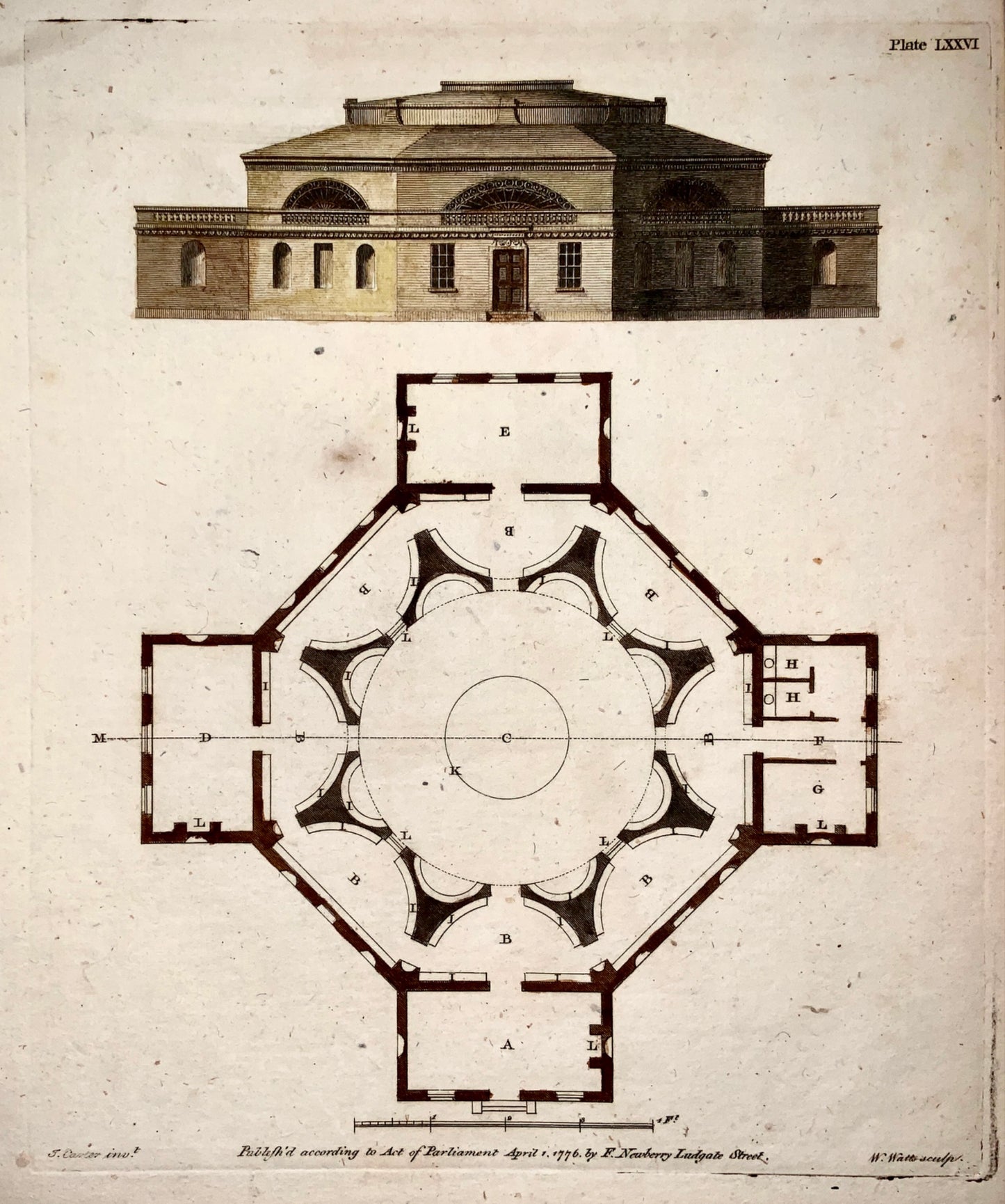 1776 W. Watts after J Carter - Temple Architecture with plan - Hand colour