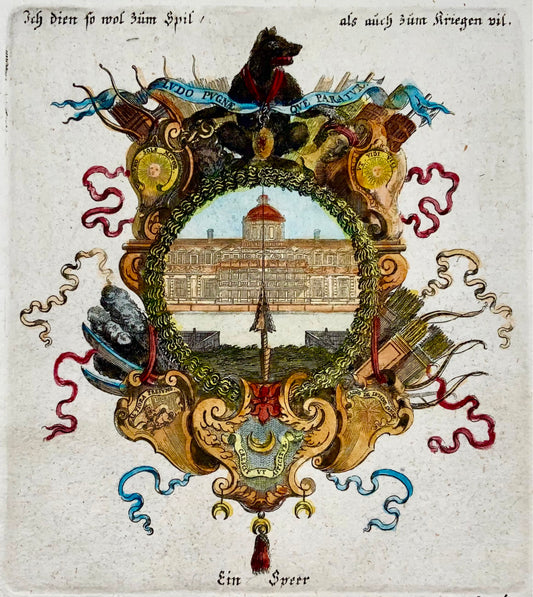 1679 Le Brun; Allegoria di Le Clerc - "Servo per giocare e in battaglia" - Militare, emblema