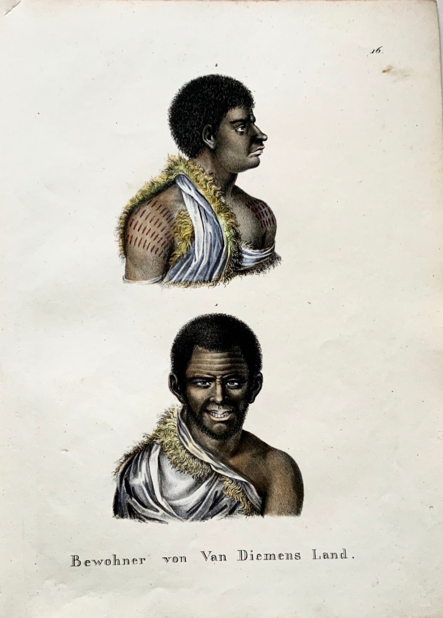 1824 Natives of TASMANIA - K.J. Brodtmann hand colored FOLIO stone lithography - Ethnology