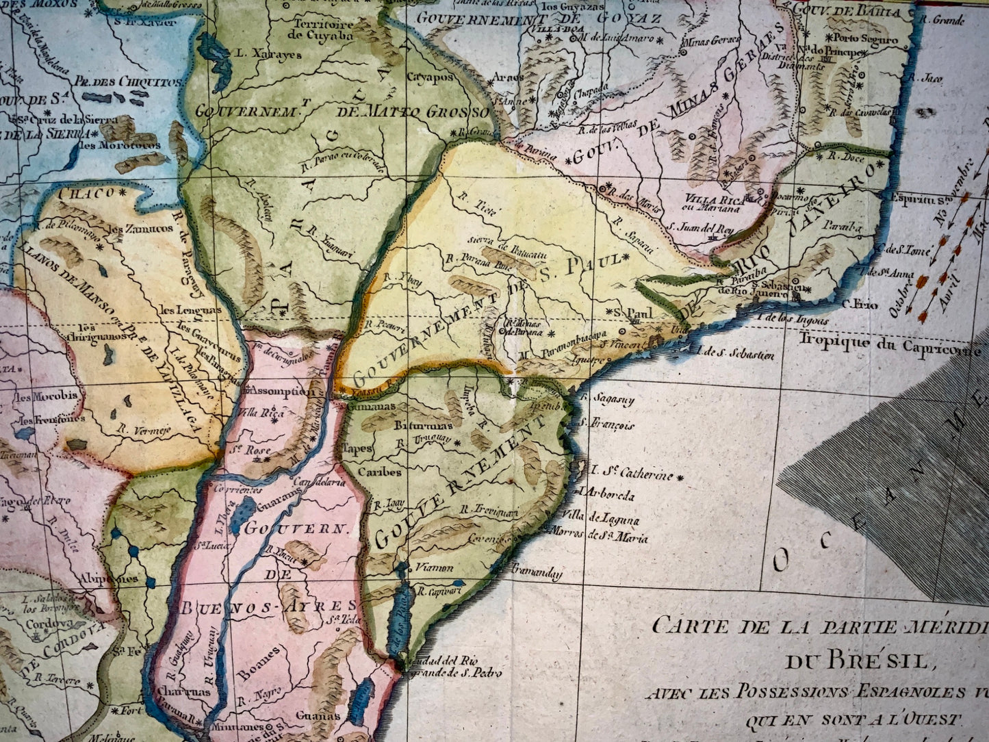 1780 Bonne - Antique Map of BRAZIL URUGUAY PARAGUAY Meridional Bresil