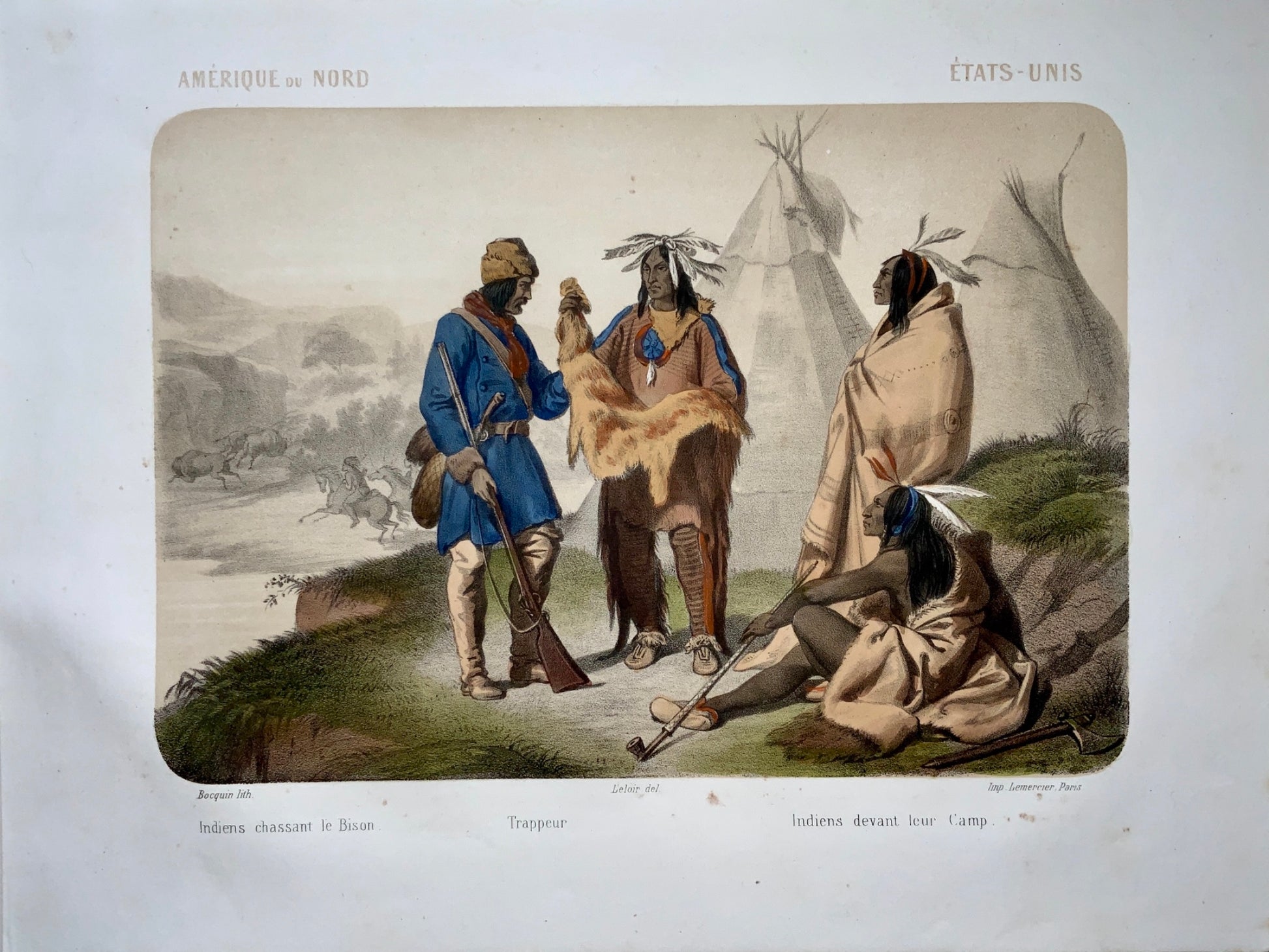 1860 c. Jean Adolphe Bocquin; NORTH AMERICAN NATIVE INDIAN Trappers - Ethnology - hand coloured