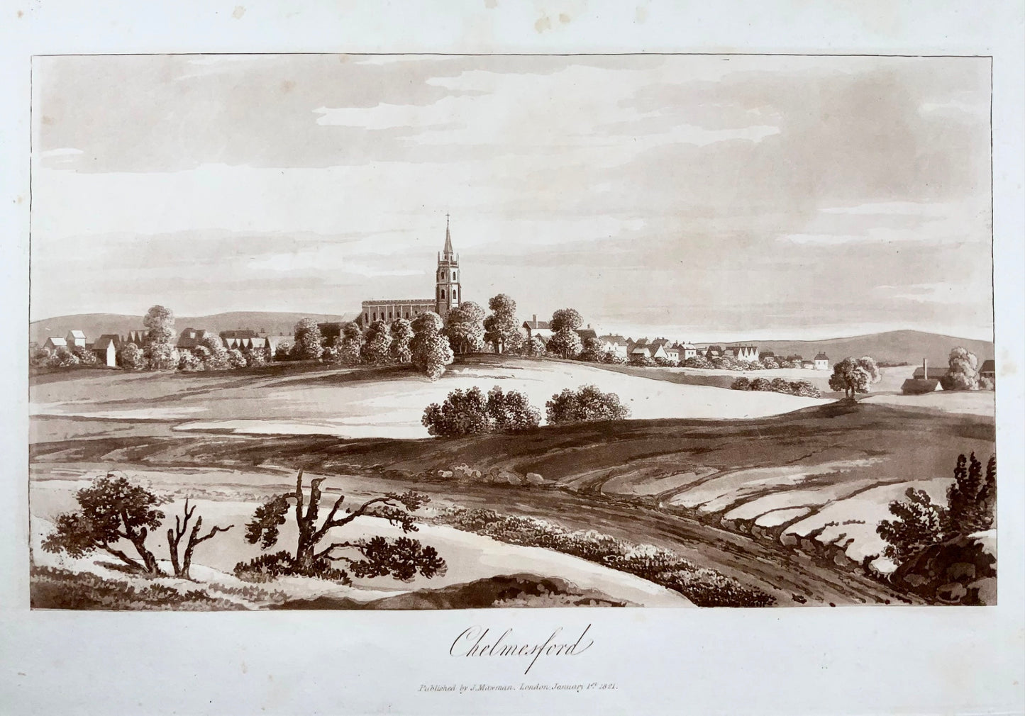 1821 Chelmsford, Essex, acquatinta seppia di Mawman secondo Shepherd