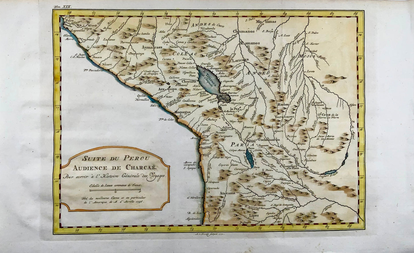 1771 Bellin, Krevel, carte, Pérou et Chili, carte colorée à la main