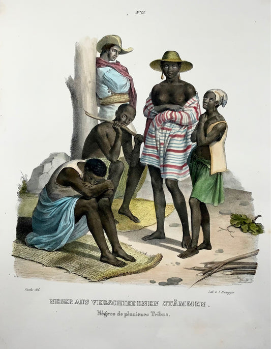 1840 Schiavitù, schiavi africani, secondo Fuchs, litografia in folio colorata a mano, etnologia