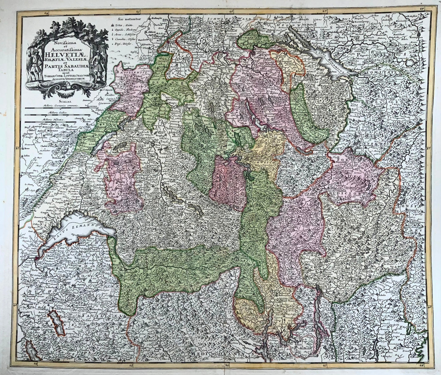 1757 Large map of Switzerland, C. Lotter, with exceptional detail, hand colour