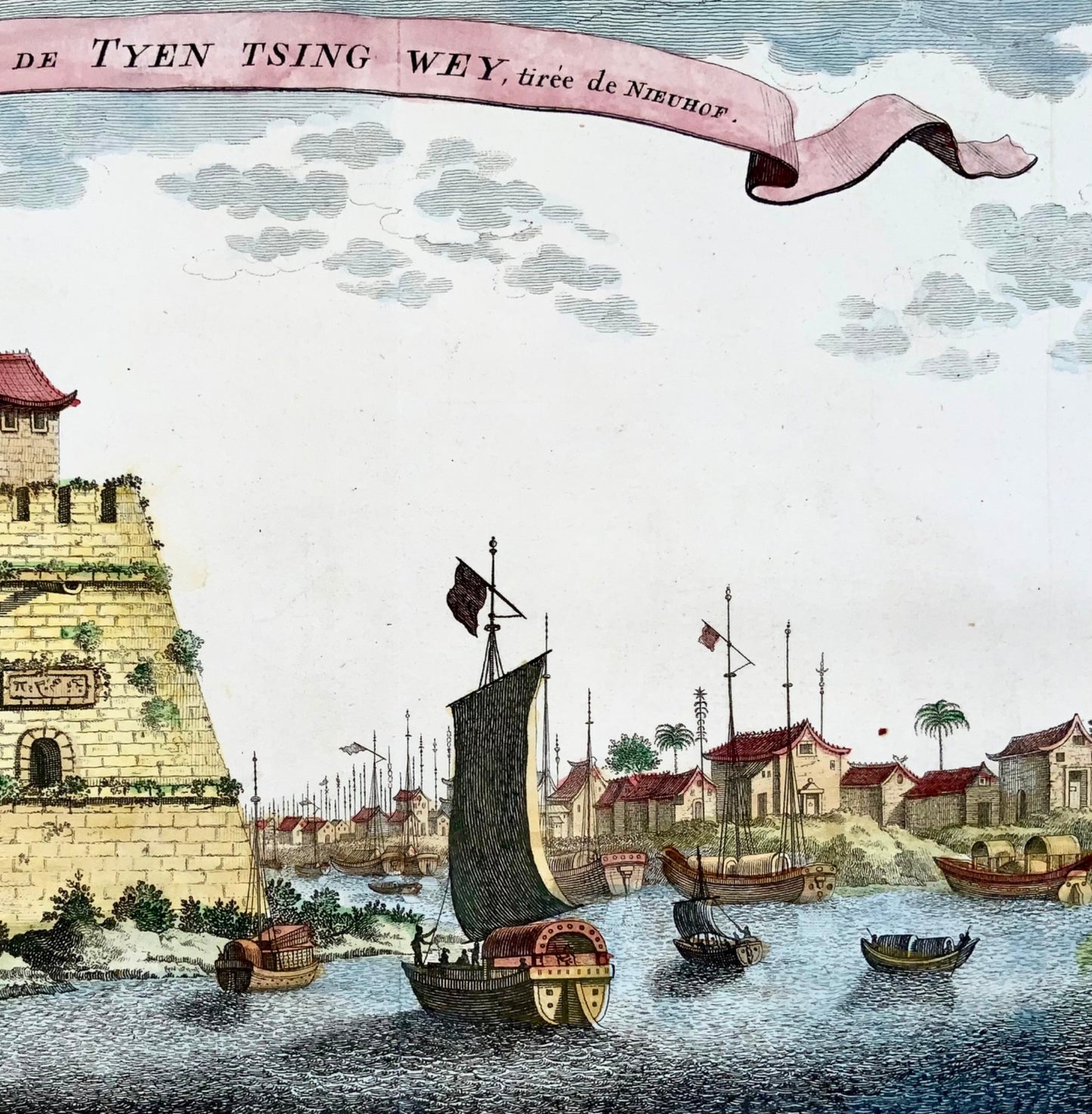 1755 Prevost; Schley, Fortezza sul fiume Pechino, Cina, viaggi all'estero, mappa