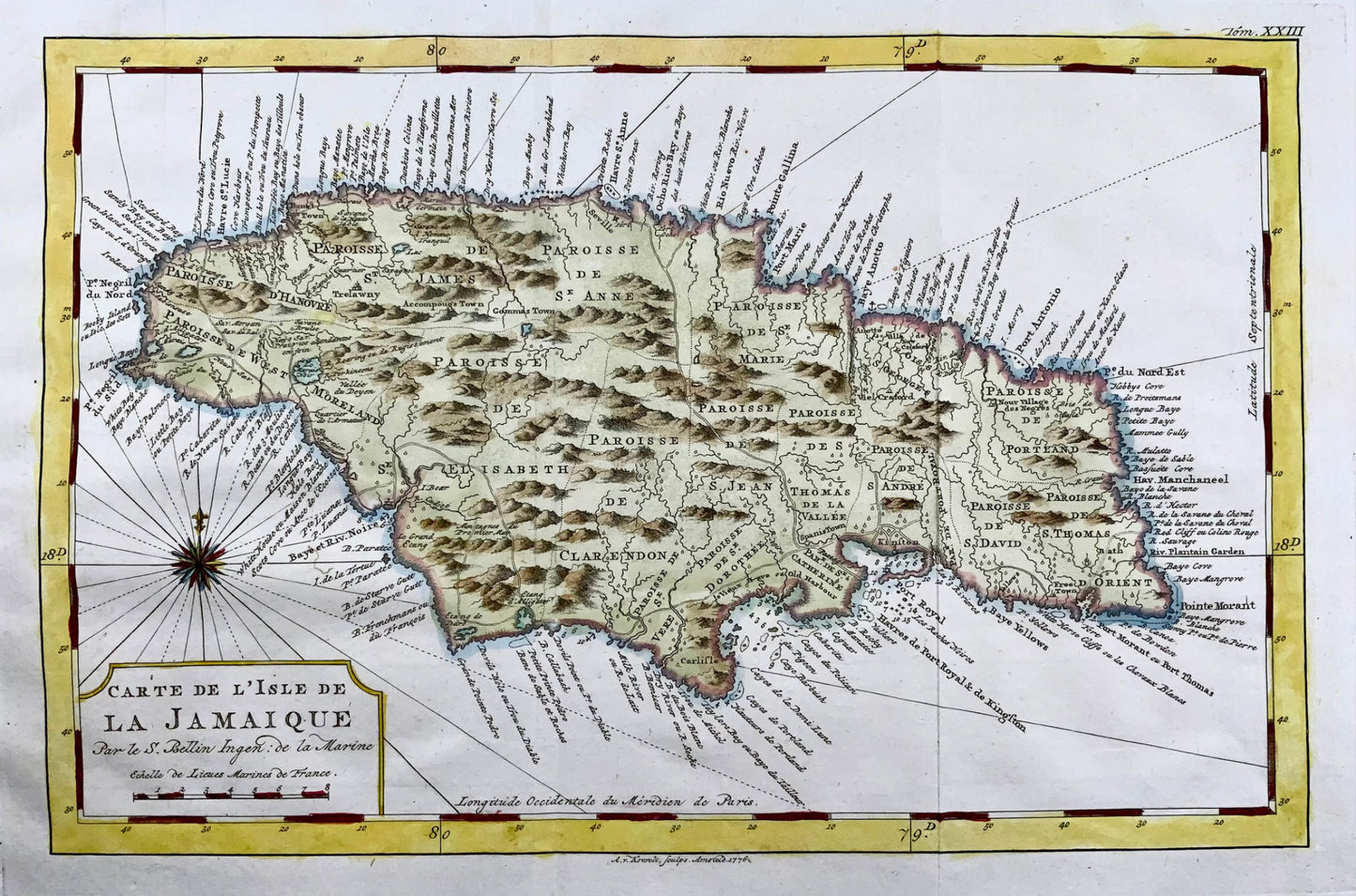 1776 A. Krevelt, Bellin, Carte de Jamaique, Giamaica Caraibi, mappa colorata a mano
