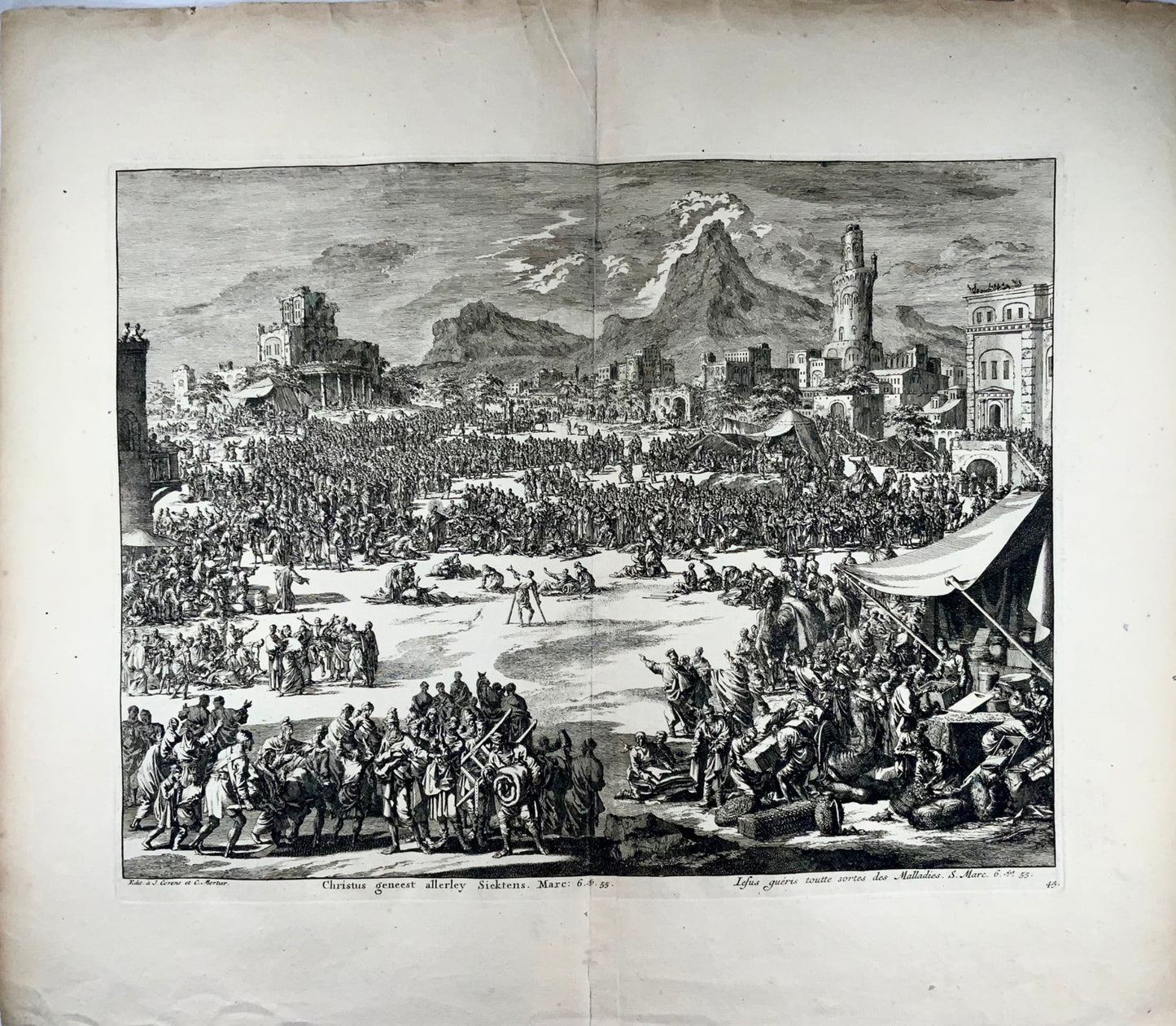 1708 Christ heals the Sick, Joh. Luyken, bible, large double page folio 52.8 cm