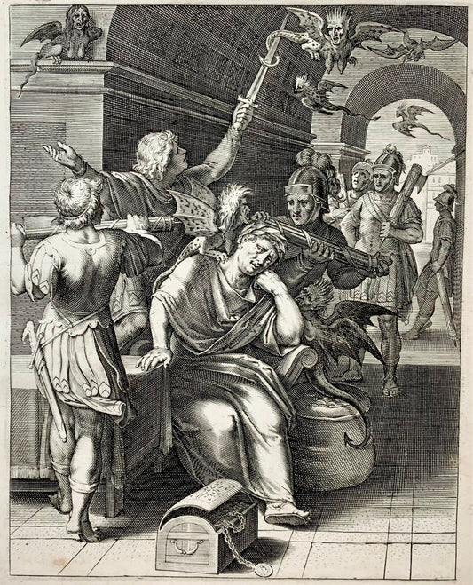 1612 Morte, cure morbose, ars moriendi, diavolo, arpie, incisione di Otto van Veen