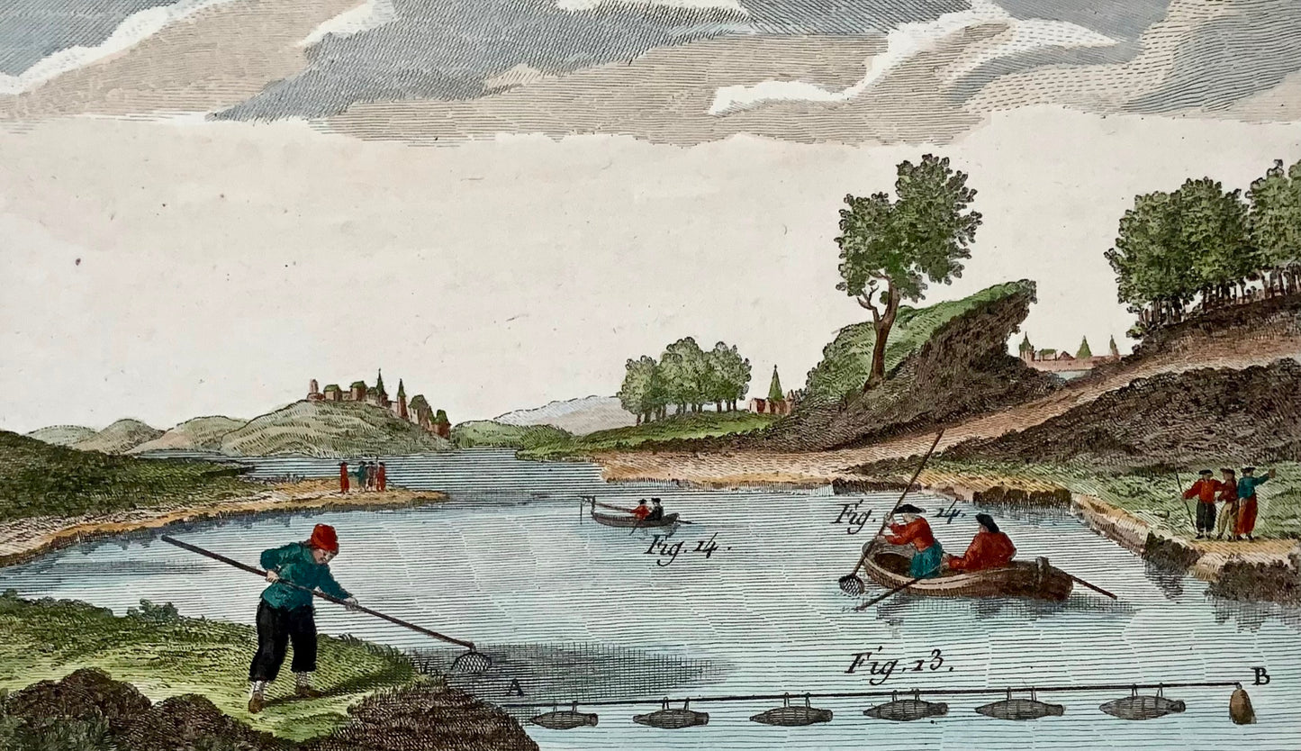 1793 Panckoucke, River Fishing, nets, hand coloured, quarto, copper engraving, agriculture