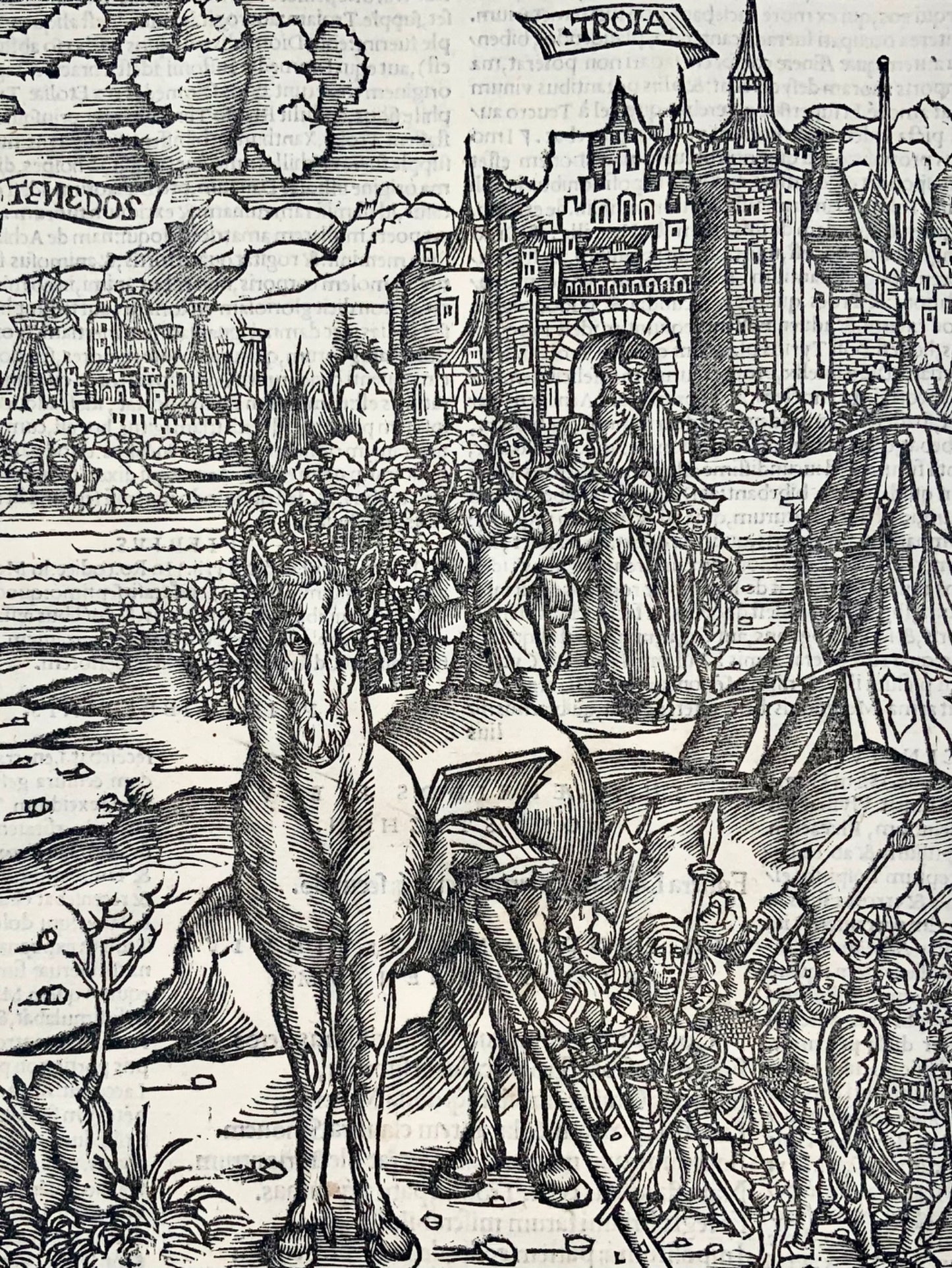 1517 Folio Gruninger foglia in legno dall'Eneide di Virgilio, cavallo di Troia, mitologia, incisione magistrale