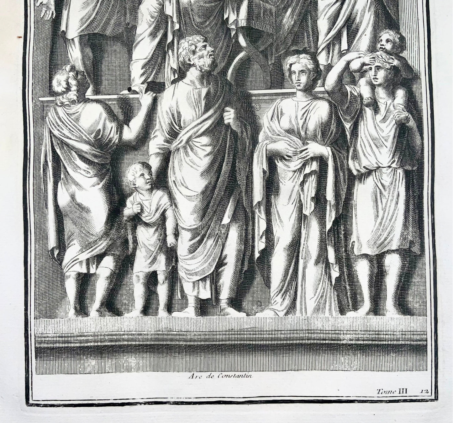 1724 Emperor Constantine holds Court (Marble from Arch), engraving by Montfaucon, classical art,