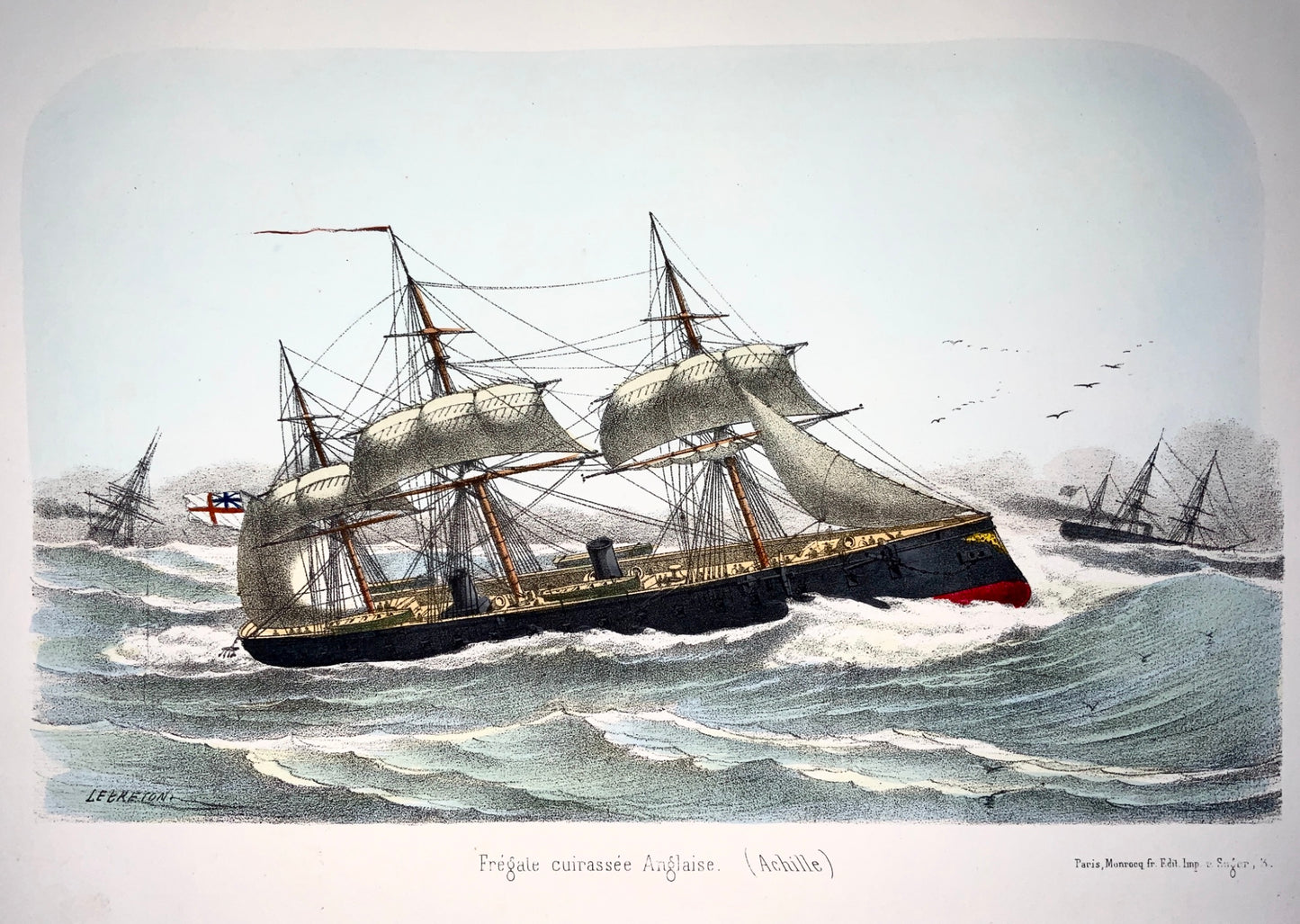 1865 c. L. Lebreton - Steam Frigate Ship - Folio stone lithograph - Hand colour - Maritime