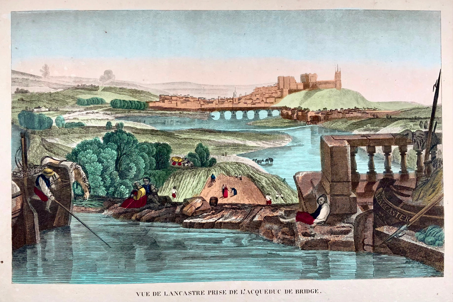 1825 Lancaster Inghilterra, Vue d'optique francese secondo JMW Turner, foglio grande, topografia