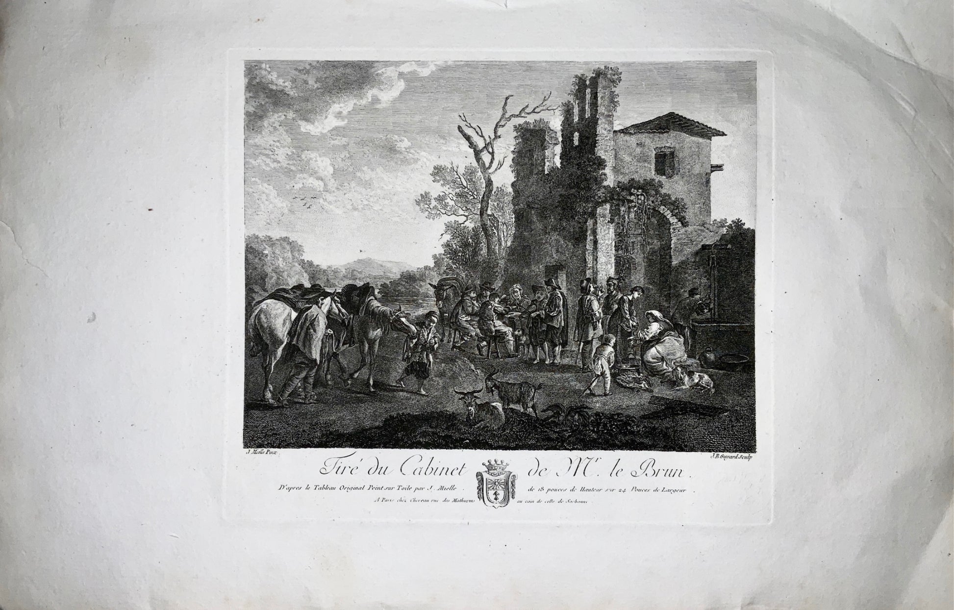1783 J. Mielle Pinx.; J.B. Guyard Sculp. LANDSCAPE with travellers resting - Classical art