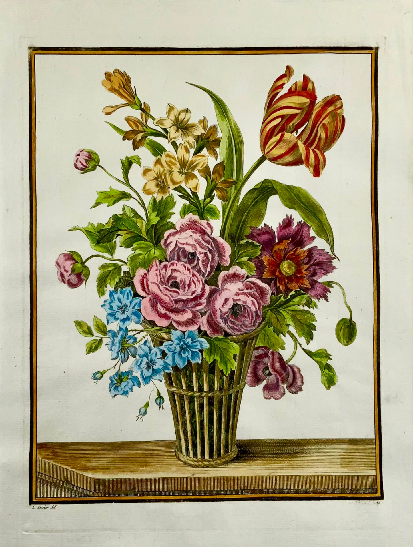 1780 Bouquet floral printanier, Louis Tessier, folio, tulipe, poésie, coloré à la main