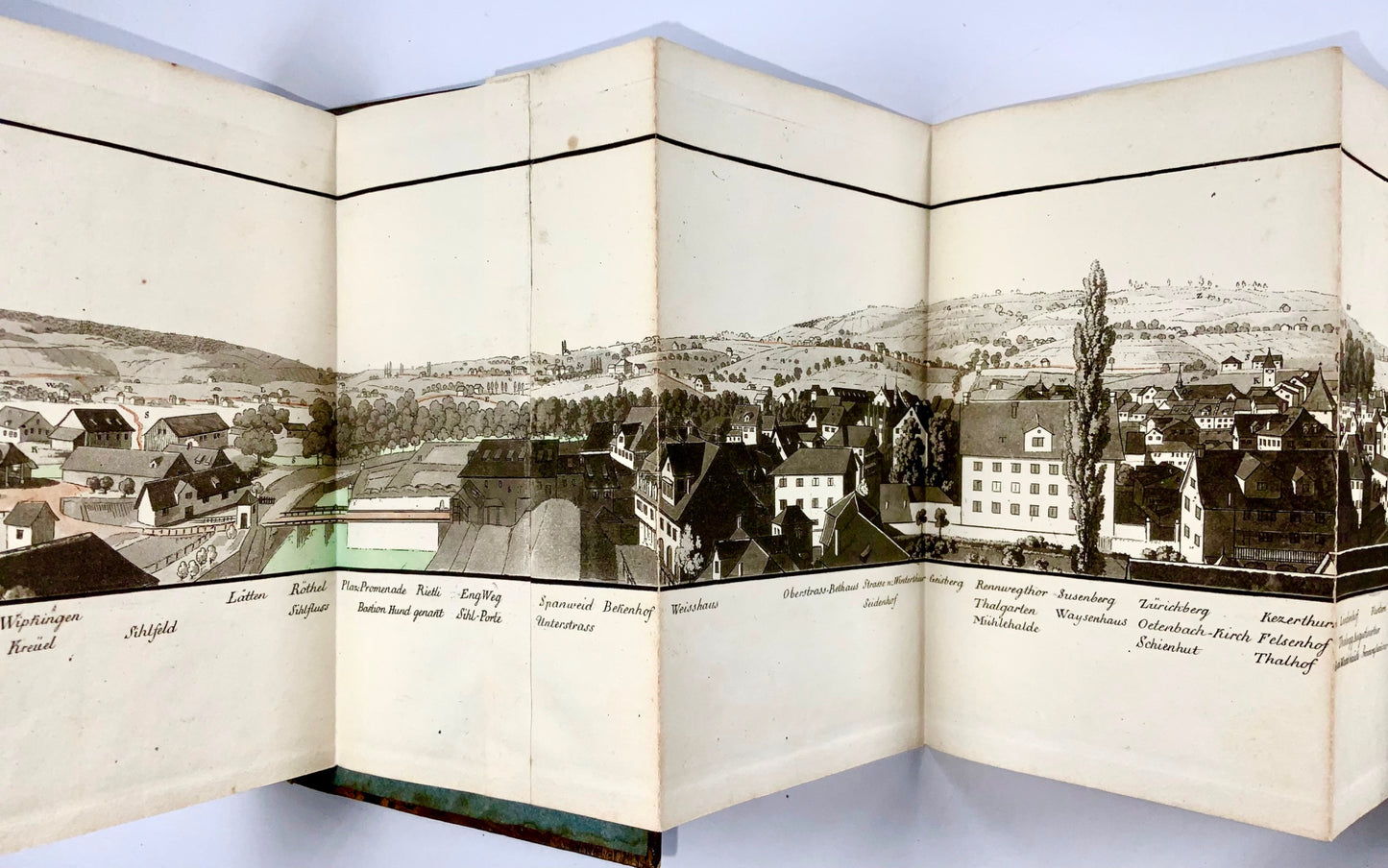 1810 H. Keller, Switzerland, aquatint panorama Zurich hand col. 139 cm