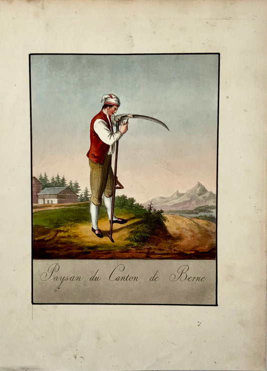 1822 Chr. Mechelt, sharpening sythe in Bern, Switzerland, hand coloured aquatint, costumes