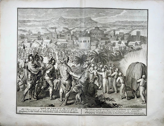1728 Distruzione di Jerico, Gerard Hoet, grande incisione biblica in folio (53 cm) 