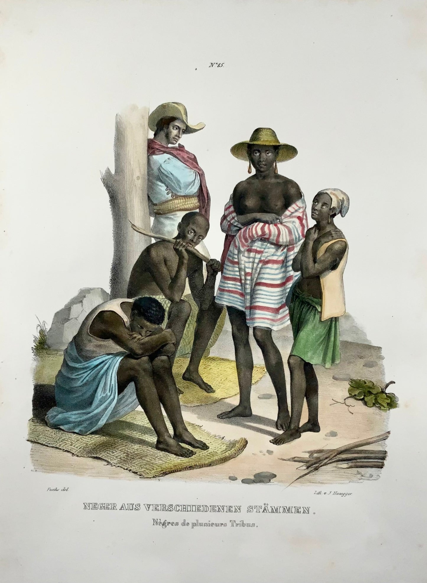 1840 Slavery, African Slaves, after Fuchs, hand coloured folio stone lithograph, ethnology